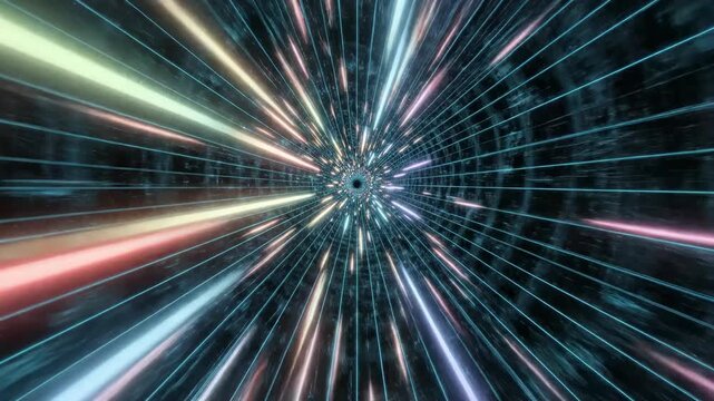 High-speed futuristic abstract background showing parallel lines of pulsing spectrum light flowing rapidly through a digital wireframe grid structure pathway, virtual reality, animation