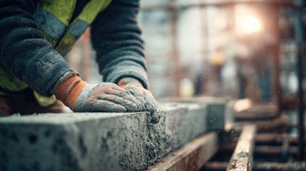 Constructive Endeavor: A focused artisan, adorned in practical workwear, meticulously molds fresh concrete on an expansive construction site, demonstrating unwavering dedication to quality.