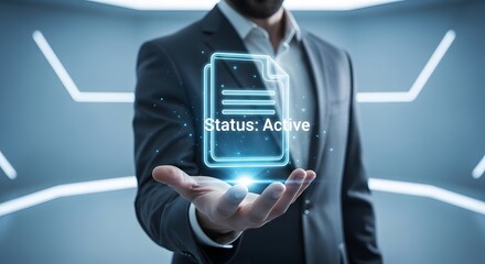Businessman holding holographic file with active status in a futuristic environment