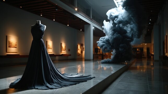 A stunning black dress stands alone in a gallery, complemented by swirling smoke, creating a mysterious and artistic ambiance, appealing to fashion enthusiasts and art lovers alike.