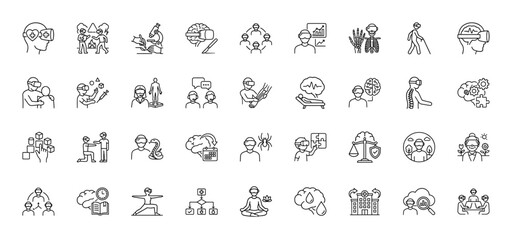 Virtual reality in neuroscience and medical applications line icon set. Vector pictograms of headset use in education, therapy, and research, thin linear illustration.