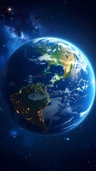 Fototapeta premium Earth view from space, showing continents, clouds, oceans, with visible city lights and starfield background