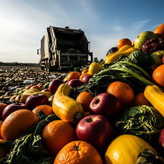 Garbage truck parked near a large pile of discarded fresh fruit and vegetable waste outdoors under a bright sky