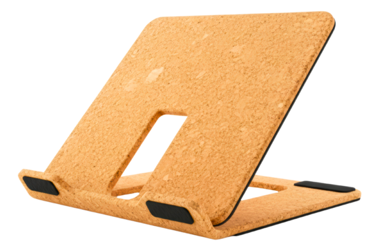 Eco-friendly cork laptop stand with black rubber grips for the desk isolated on a transparent background