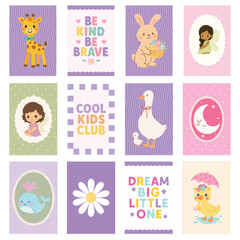 Obraz premium Set of Home Decoration Print, Modern Nursery Wall Art, Kids Room Decor Printable, Pastel Baby Girl illustration, Playroom Poster ClipArt