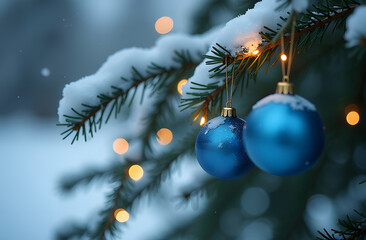 Close-up of blue Christmas baubles hanging on a snow-covered fir branch outdoors, illuminated by warm fairy lights against a soft winter background. Festive holiday scene with bokeh lights and copy