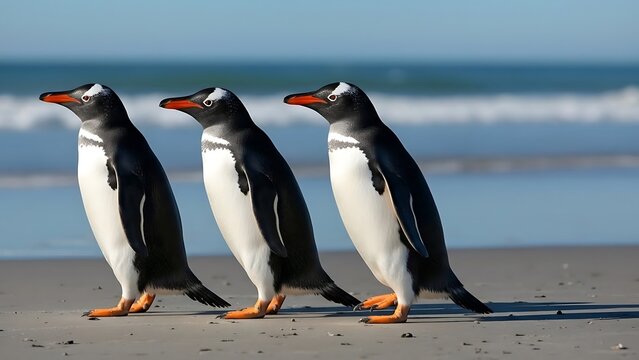 Gentoo penguins walking on sandy beach in the falkland islands - Powered by Adobe