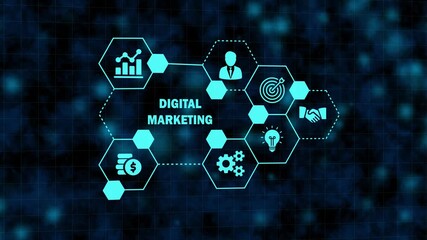 digital marketing interface with hexagonal business icons. modern technology hud showing digital marketing process. global business promotion and internet marketing dashboard. - Powered by Adobe