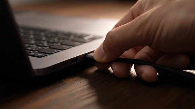 Hand plugging a usbc cable into a modern laptop on a wooden desk showcasing connectivity and technology in a closeup view for connection and data transfer purposes