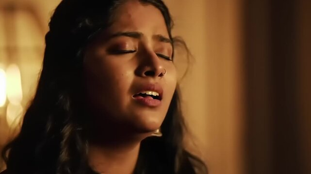 Singing woman with closed eyes.