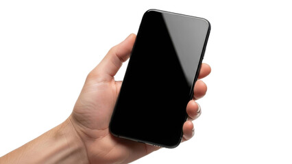 Hand holding smartphone with black screen