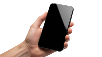 Hand holding smartphone with black screen