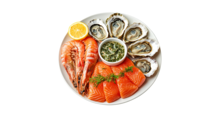 Seafood platter with oysters salmon and shrimp isolated on a transparent background