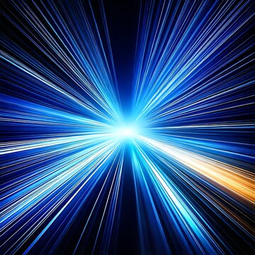 Dynamic blue and gold light streaks emanating from a central point on a dark backdrop, creating an energetic effect