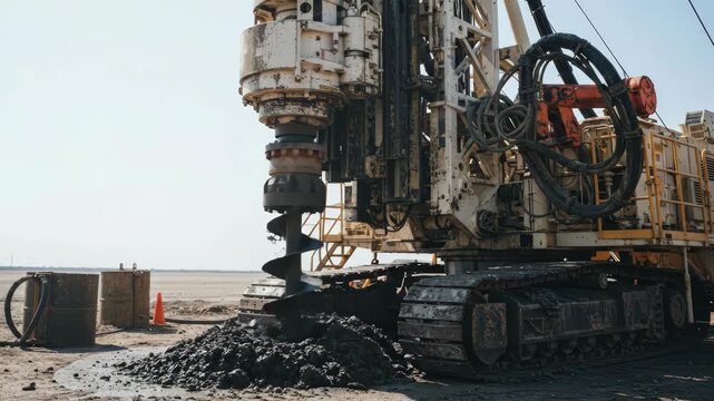 Heavy duty construction drilling rig extracting earth with auger on a bare dry ground by day. Industrial bore machine working.