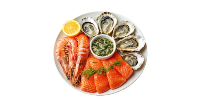 Seafood platter with oysters salmon and shrimp isolated on a transparent background