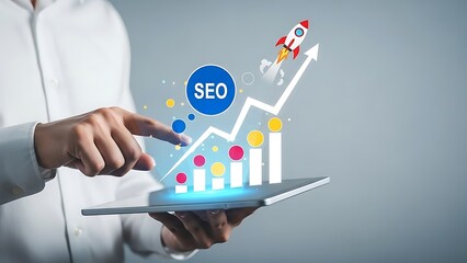 Skyrocket Your Online Visibility with Powerful SEO Strategies on Tablet for Business Growth and Digital Success, Featuring a Dynamic Rocket Illustration