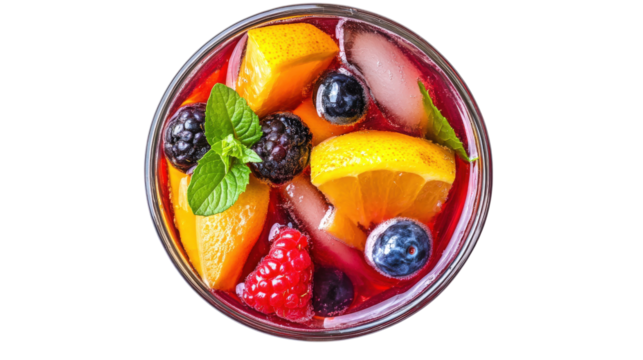 Sangria drink with berries and citrus slices isolated on a transparent background