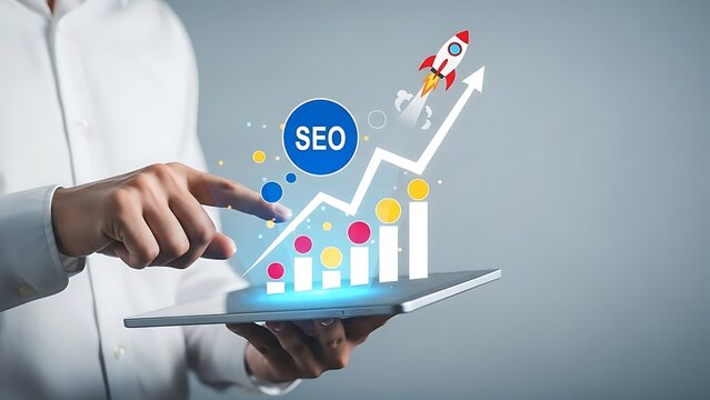 Skyrocket Your Online Visibility with Powerful SEO Strategies on Tablet for Business Growth and Digital Success, Featuring a Dynamic Rocket Illustration