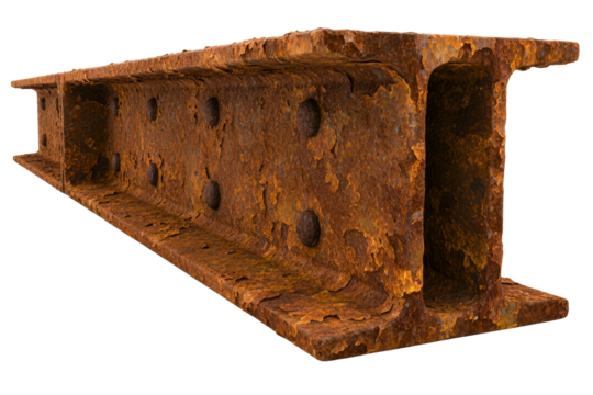 Heavily rusted structural steel beam with corroded metal texture isolated on a transparent background