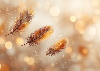 Feather silhouettes dusted with fine gold glitter drifting across a warm bokeh field, airy composition with elegant flares and soft vignette