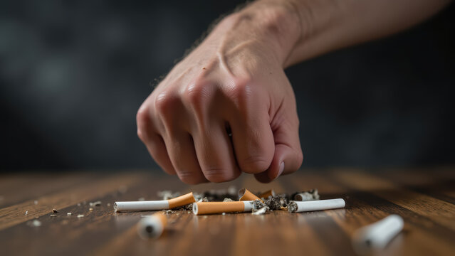 Hand crushing cigarettes wooden surface symbolizes struggle against smoking addiction. image conveys strong emotional expression of determination