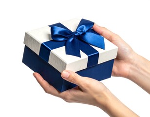 Hands holding a wrapped present with an elegant blue bow on a white background