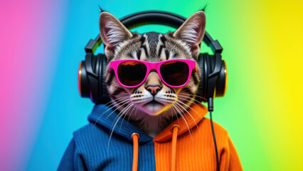 Fototapeta premium Cool cat wearing sunglasses and headphones, showcasing vibrant and colorful background. This exudes fun and playful vibe
