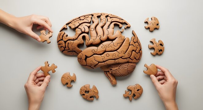 Hands assembling a brain shaped jigsaw puzzle representing memory and cognition