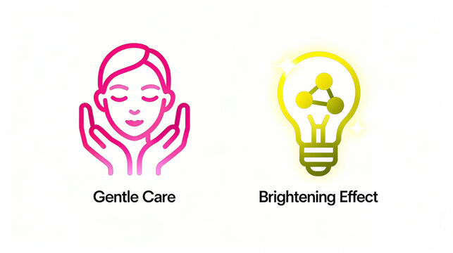 Facial care and light bulb molecular elements represent the concept of gentle care and brightening effects, suitable for promotional materials of sensitive skin or brightening skincare products.
