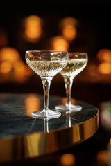 Two Champagne Coupes on Marble Table with Warm Bokeh Lights