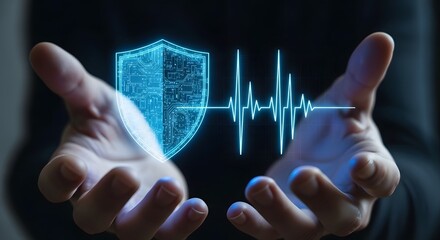 Hands holding glowing digital shield and heart rhythm waveform