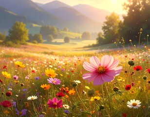 Idyllic summer meadow with colorful cosmos flowers and sunlit mountain landscape