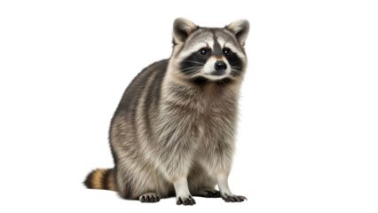 Adorable raccoon with masked face sitting on black background