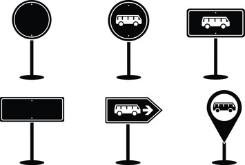 Bus road sign and direction board icon set, blank street signage silhouette, wayfinding panel, bus stop symbol, arrow sign, map location pin, black and white minimalist vector pack for transport
