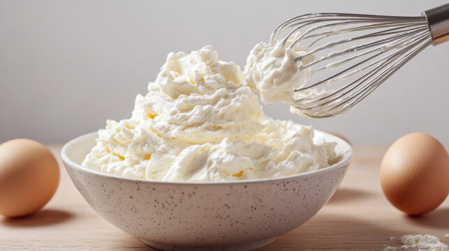Whisked cream in bowl with eggs and whisk whisking
