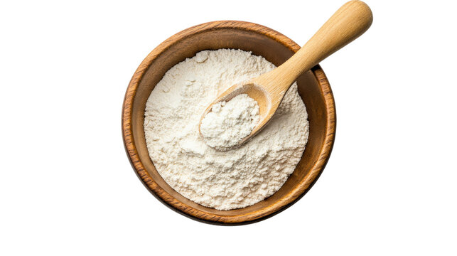 White powder in wooden bowl with spoon isolated on a transparent background
