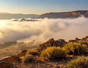 Incredible mountain landscape with fog rolling through the valley at sunset