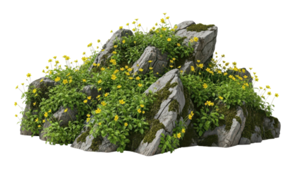 Rocky outcrop with vibrant yellow wildflowers and moss