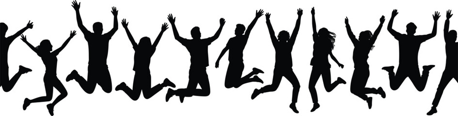 Happy group of jumping people silhouettes, energetic men and women celebrating in air, black vector figures isolated on white background.