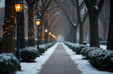 Symmetrical view of a snow-covered park alley with brick pathway, glowing street lamps and tree trunks wrapped in warm fairy lights. Evergreen bushes dusted with snow line the walkway, creating a calm