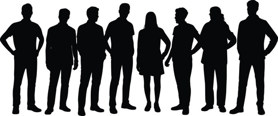 Large group of eight people silhouettes, casual men and women standing together, isolated vector illustration on white background, friends team.