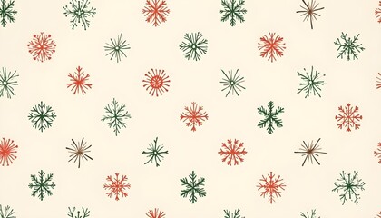 seamless Christmas pattern, red and green color palette, abstract snowflakes, geometric holiday shapes, modern flat style, clean and crisp, vector-style background, high resolution, professional stock
