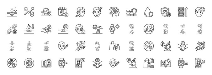 Cosmetology and dermatology line icon set. Vector pictograms of skincare, face treatment, beauty procedures, and health, thin linear illustration.