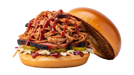 Delicious pulled pork sandwich with bbq sauce and coleslaw on a brioche bun food photography on transparent background