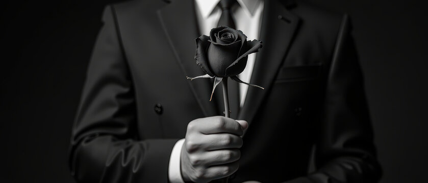 Man in black suit holds black rose, exuding elegance and mystery. contrast of suit and flower creates striking visual impact