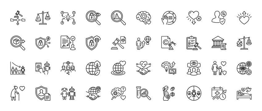 Ethics and corporate responsibility line icon set. vector pictograms of justice, security, care, and data analysis, thin linear illustration.