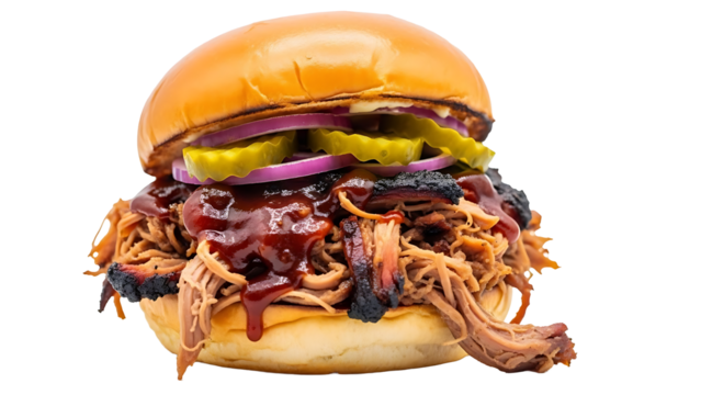 Delicious pulled pork sandwich with barbecue sauce pickles and onions gourmet burger close up food photography on transparent background