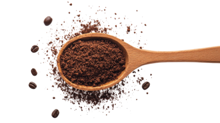Wooden spoon with ground coffee isolated on a transparent background