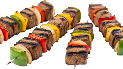 Delicious grilled beef shish kabobs skewers with bell peppers onions barbecue recipe summer grilling food on transparent background